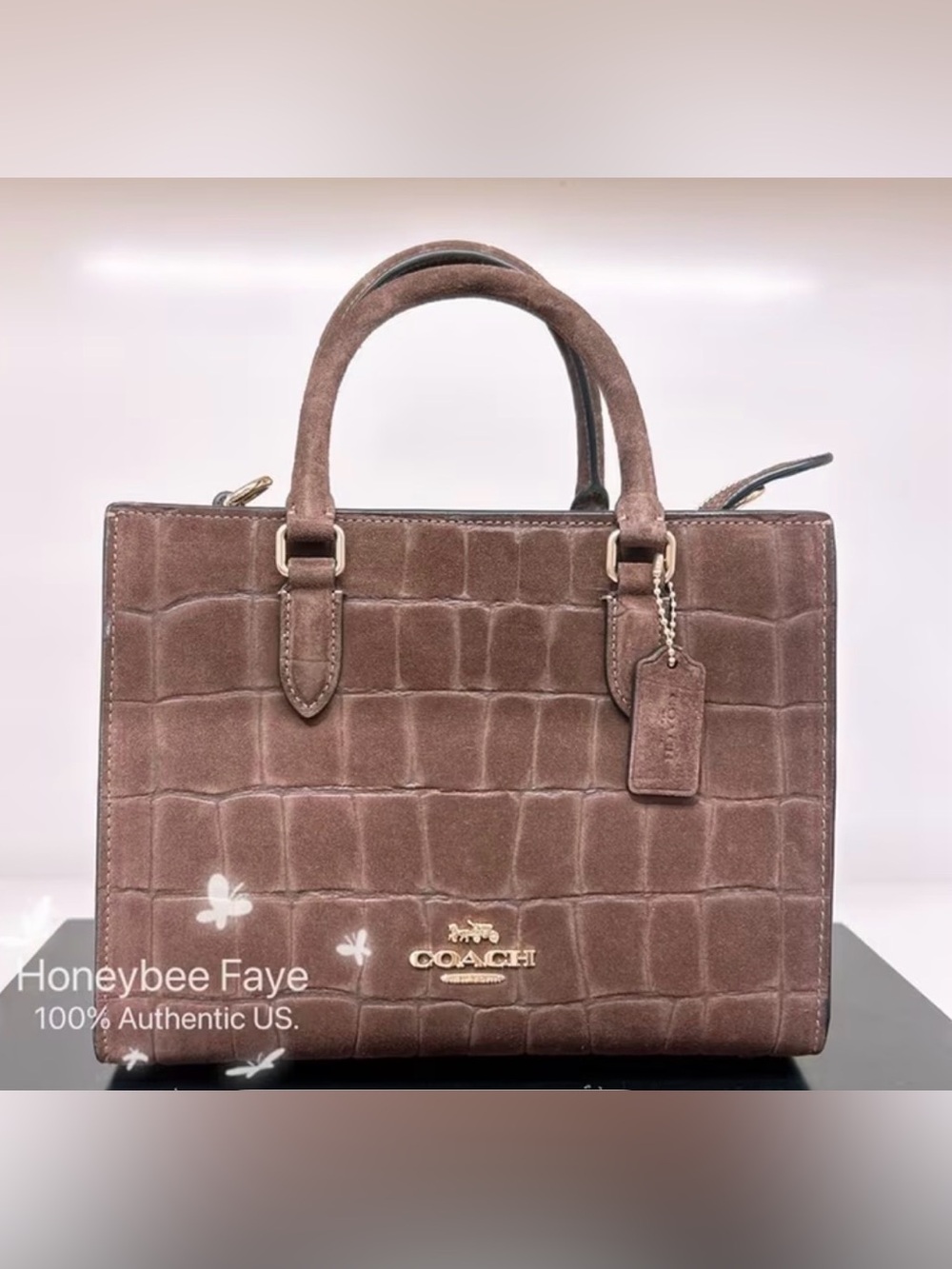 NWT Coach Maggie Small Tote in Crocodile-Embossed Suede - Maple Brown